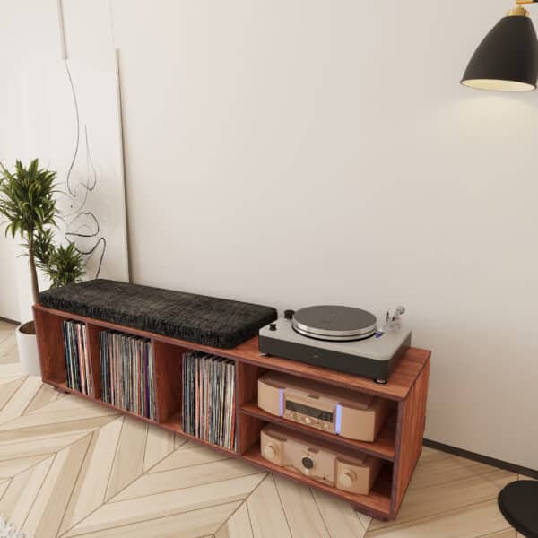 Integral Record Player Stand & Vinyl Record Storage Bench Birch plywood record player stand and vinyl storage adn bench